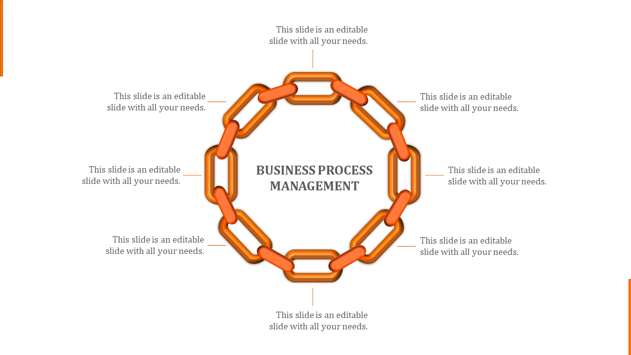 Business process management slide with a circular chain in the center, each link containing a caption.