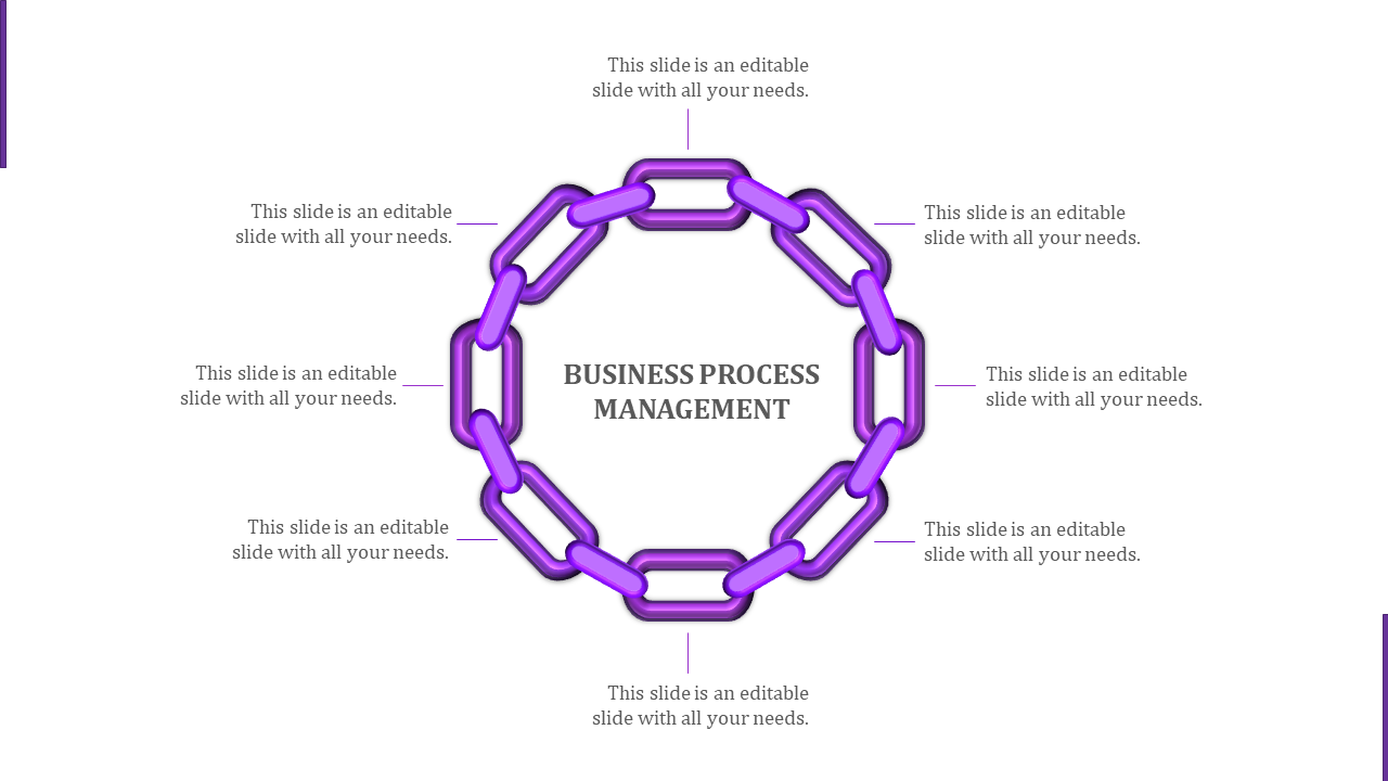 Business process management slide featuring a circular chain design with text areas around it for detailed information.