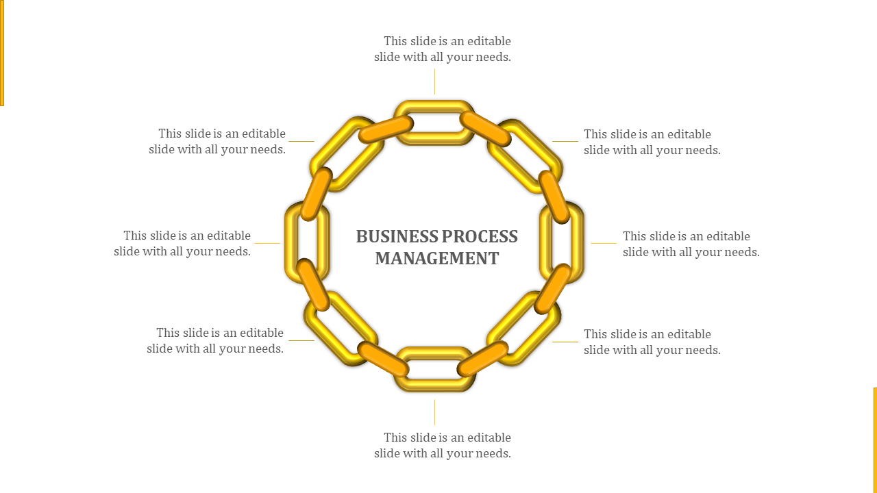 Circular chain diagram in yellow showing eight interconnected steps of business process management.