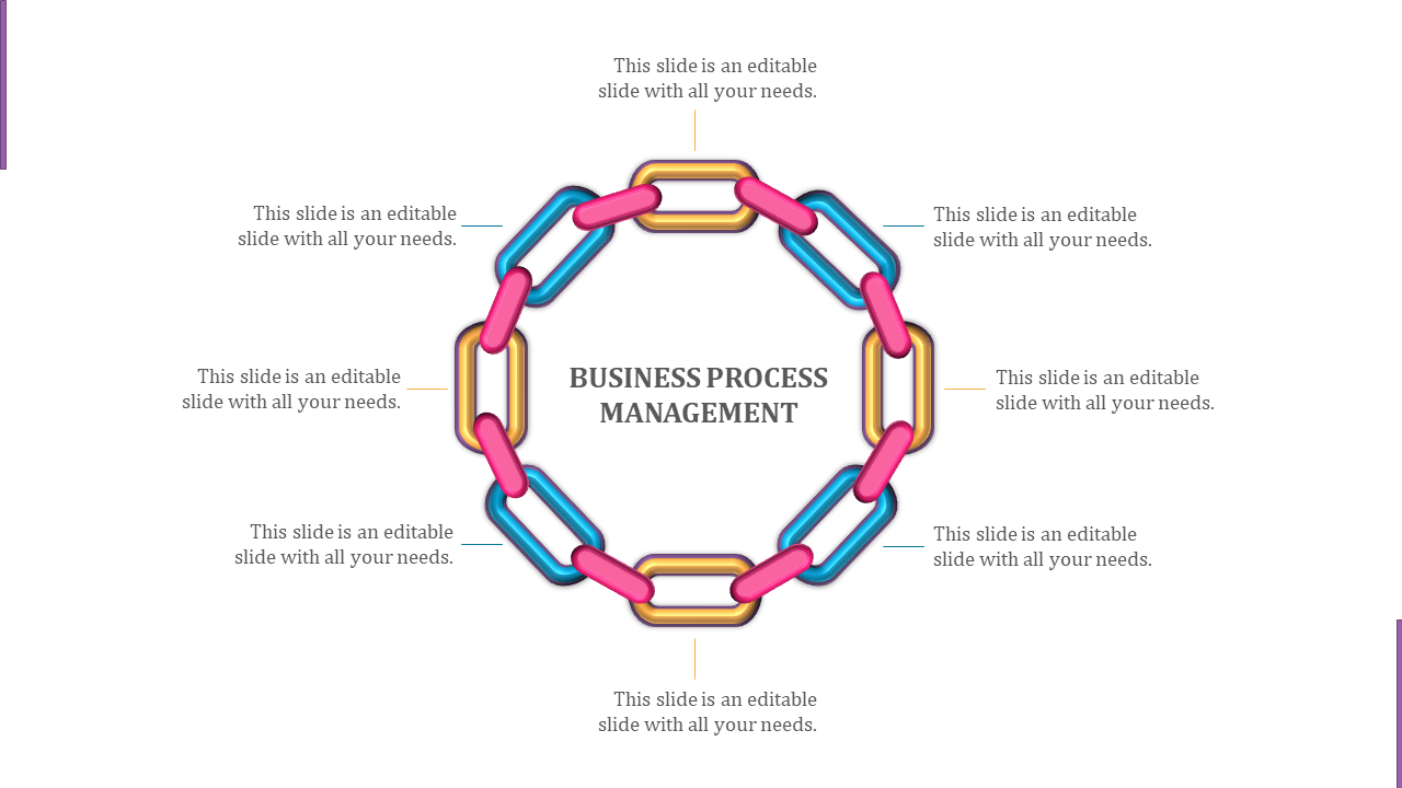 Slide featuring a circular chain link diagram with blue, pink, and yellow segments, and eight captions around it.