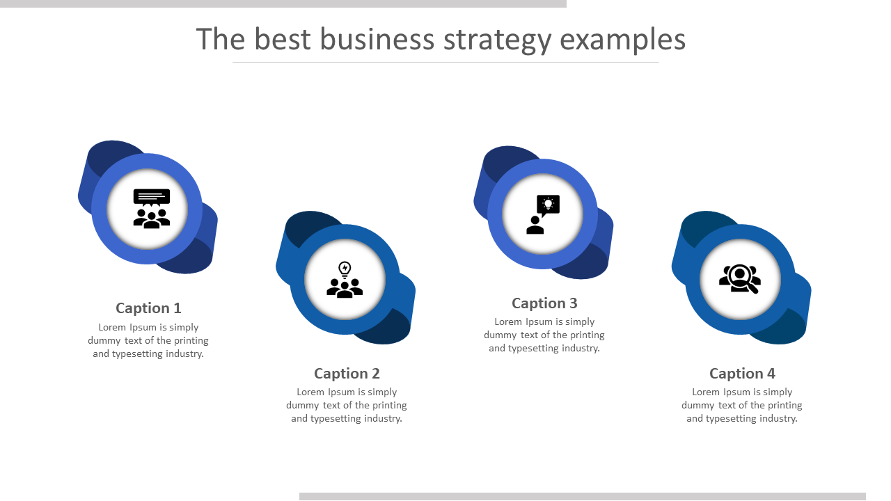 Four blue 3D like circular badges with black and white icons, representing different aspects of business strategy.