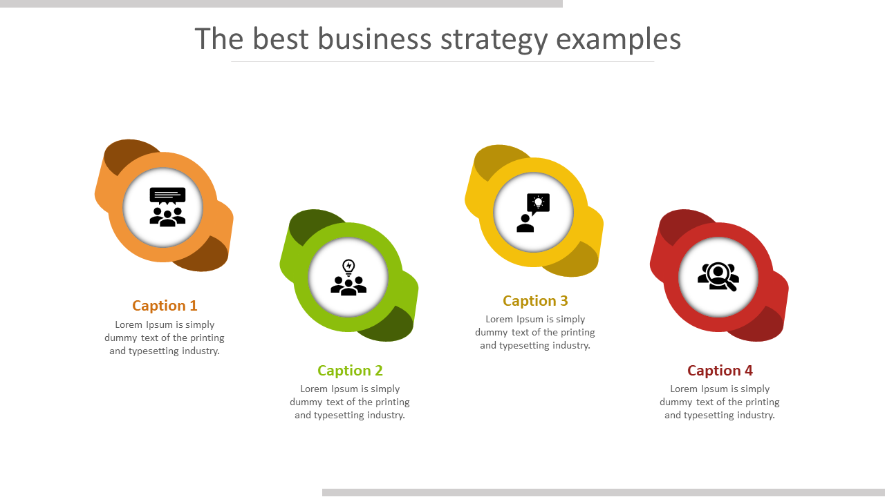 Four circular icons with different colors in orange, green, yellow, and red, each representing a business strategy concept.