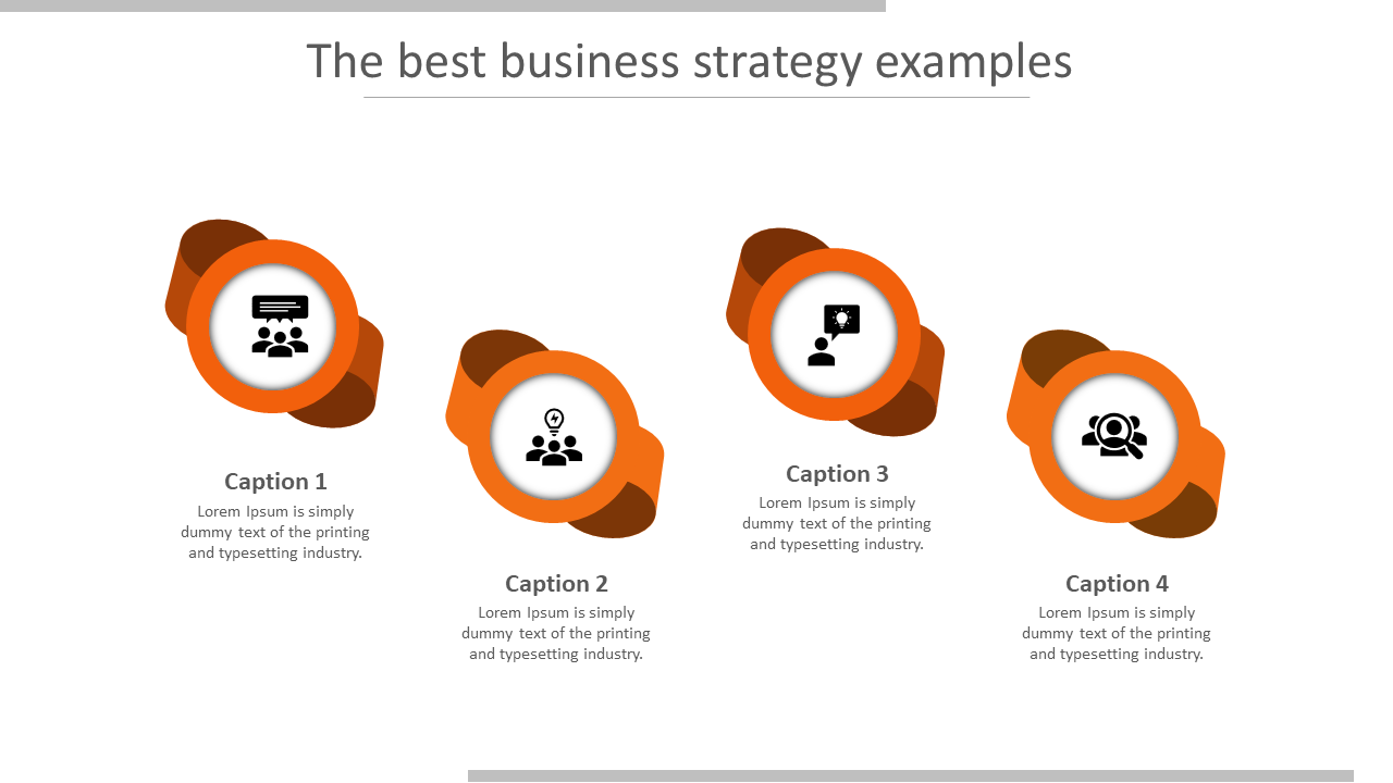 Four circular orange designs with icons representing business strategy concepts, aligned horizontally on a white background.