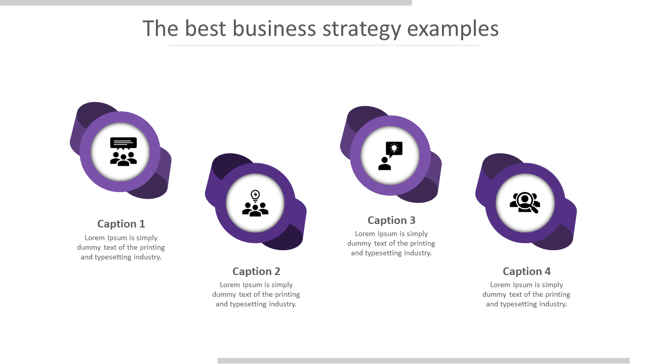 Business strategy PowerPoint template with four icons in purple representing different stages and captions.