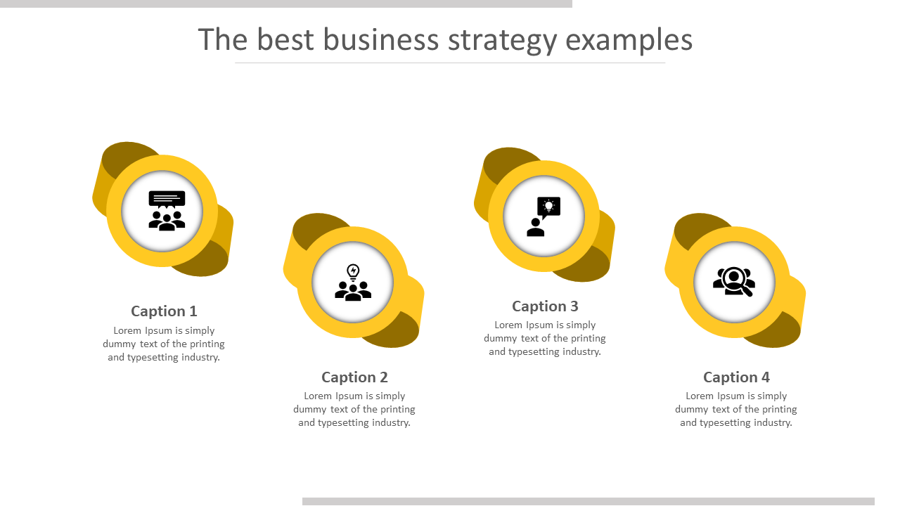 Four circular yellow elements with black icons arranged horizontally, each linked to captions describing business strategy.