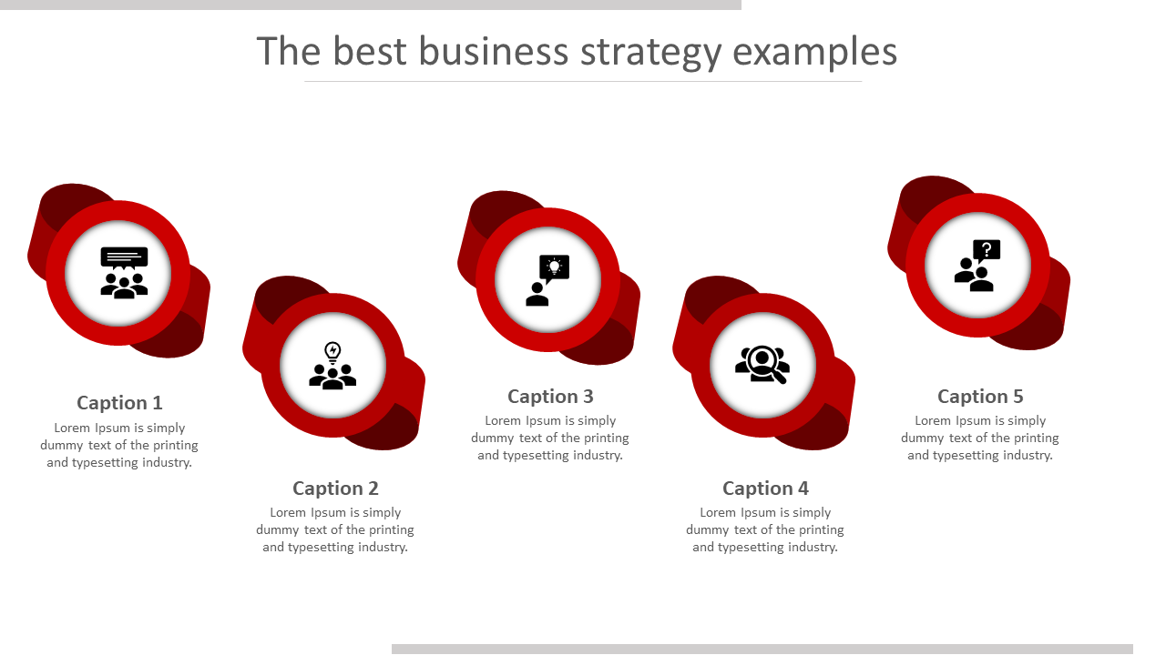 Business strategy PowerPoint template with five red icons representing different stages and numbered captions.