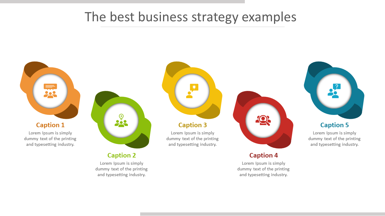 Slide showcasing five business strategy examples with colorful circular icons, each captioned with text areas.