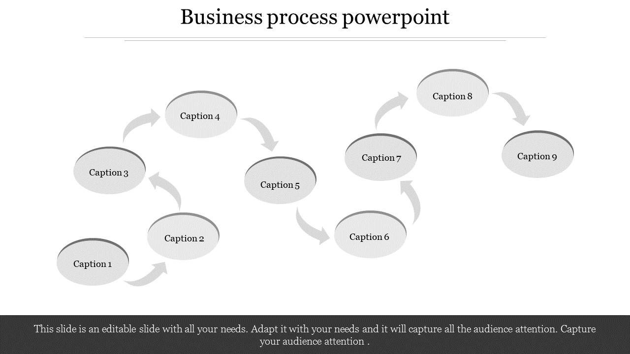 Gray themed business workflow infographic with nine circular steps connected by directional arrows.