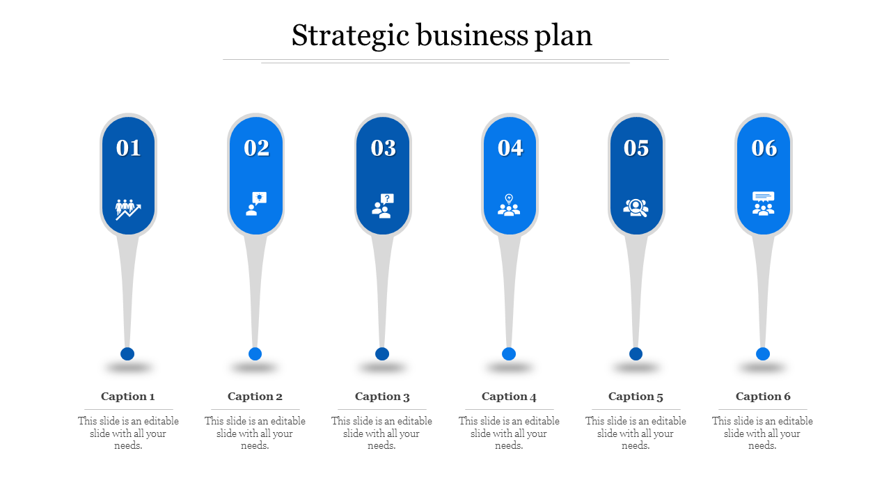 Business strategy infographic with six blue elongated markers, numbered 01 to 06, each with an icon and captions below.