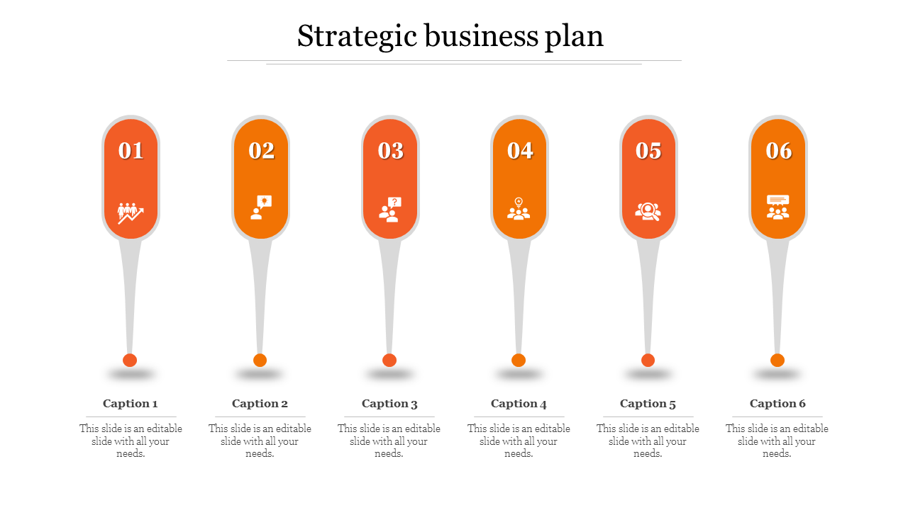 Modern infographic with six orange teardrop shaped elements in a row, each numbered and featuring white icons.