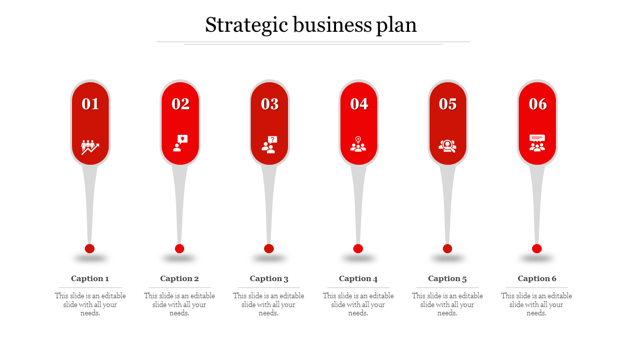 Strategic business plan slide with red milestones and icons, showing steps with captions and placeholder text.