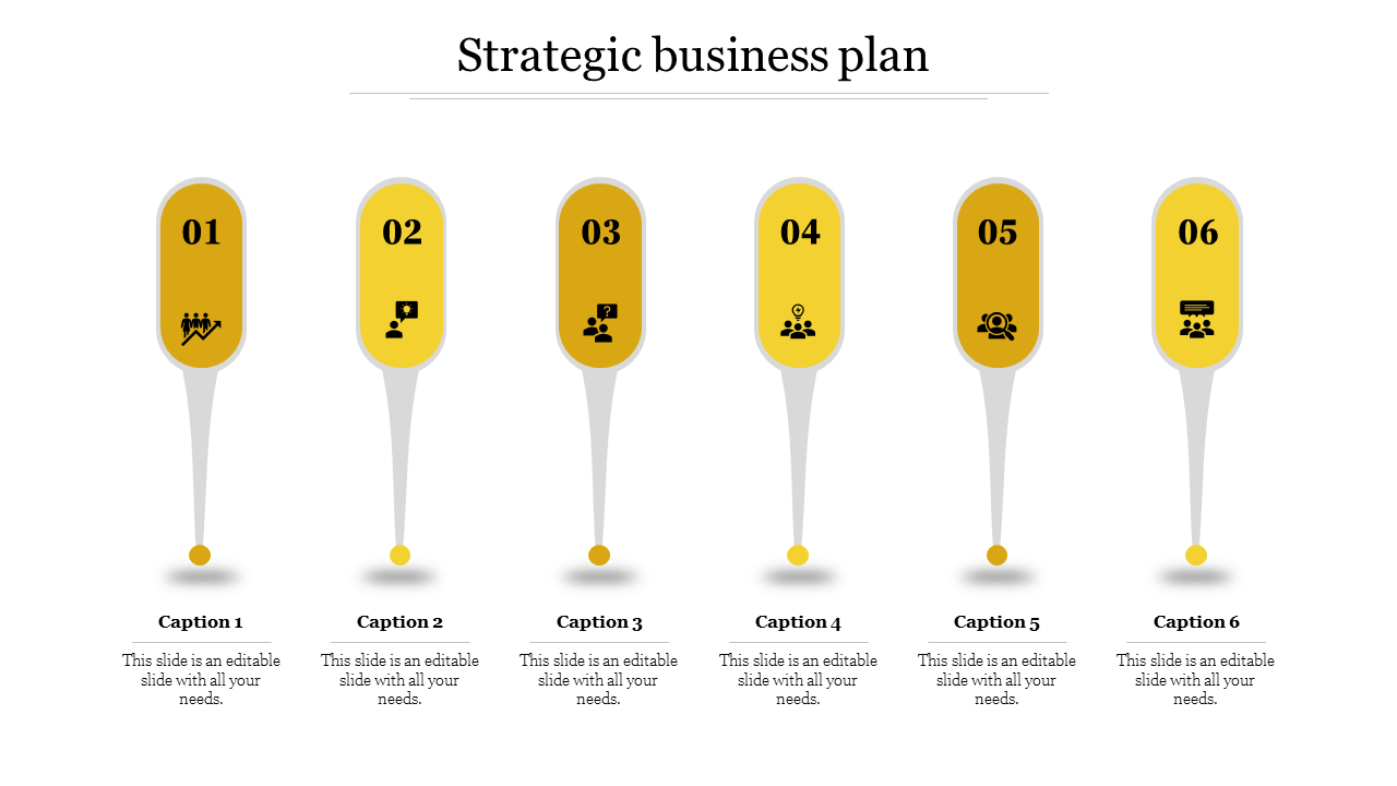 Sleek yellow themed strategic plan diagram with six numbered teardrop shapes, each having an icon and caption.