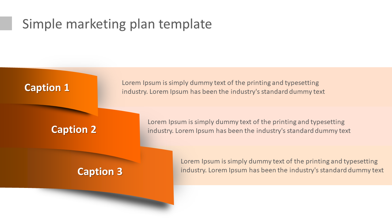 Marketing slide with three orange curved banners, each featuring white text and aligned descriptions.