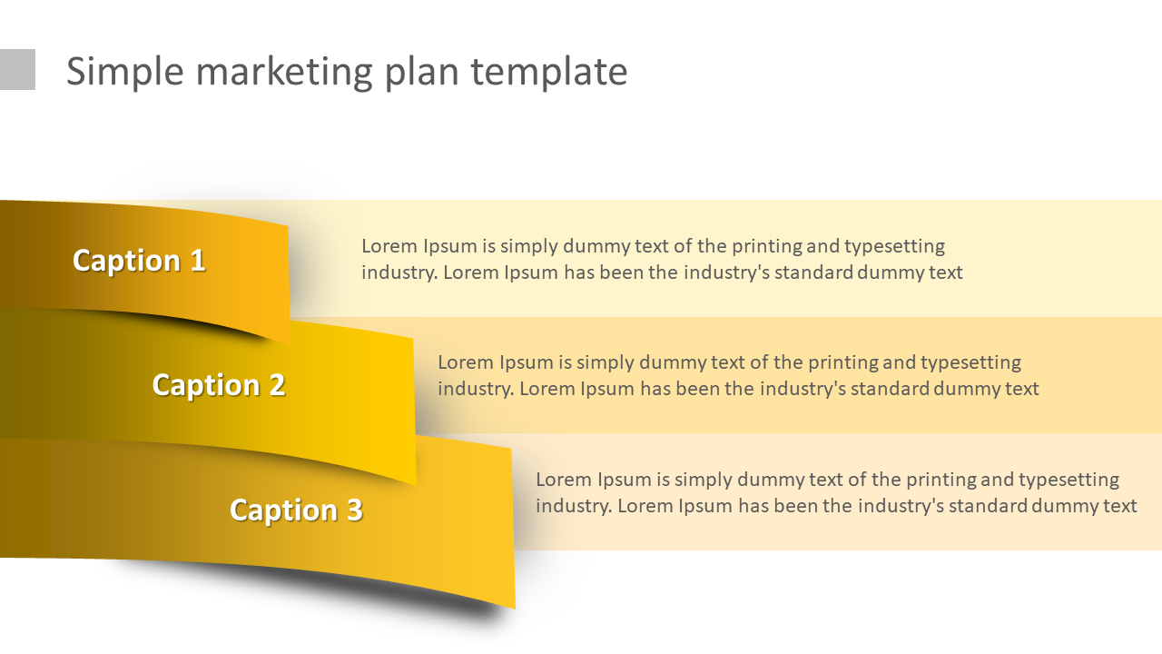 Modern yellow ribbon infographic with three levels of captions and text boxes arranged in a layered design.