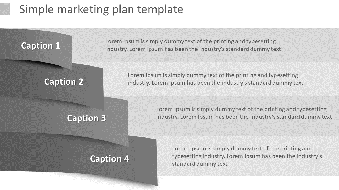 Marketing plan template with curved black banners and gray text boxes aligned in a cascading structure.