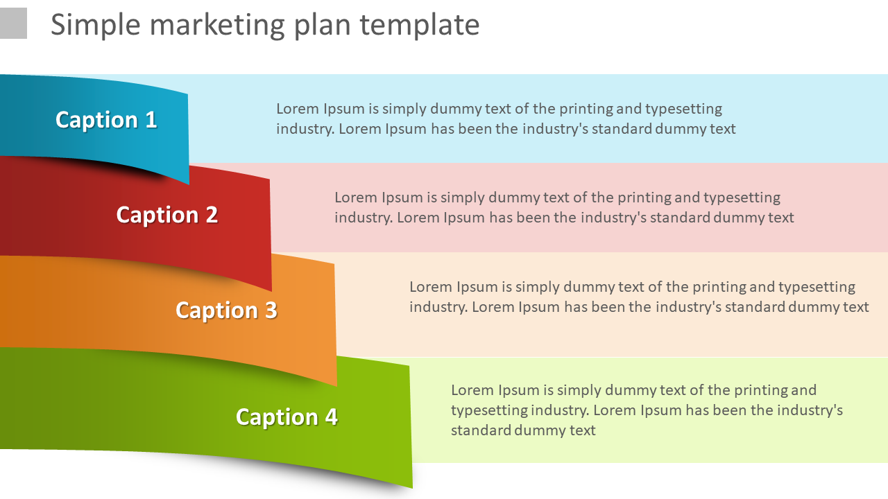 Simple marketing plan PowerPoint slide featuring four sections in blue, red, orange, and green with captions.