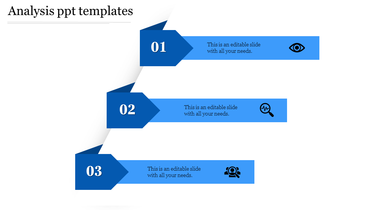 Analysis template with three blue arrows labeled 01, 02, and 03, each containing placeholder text areas.