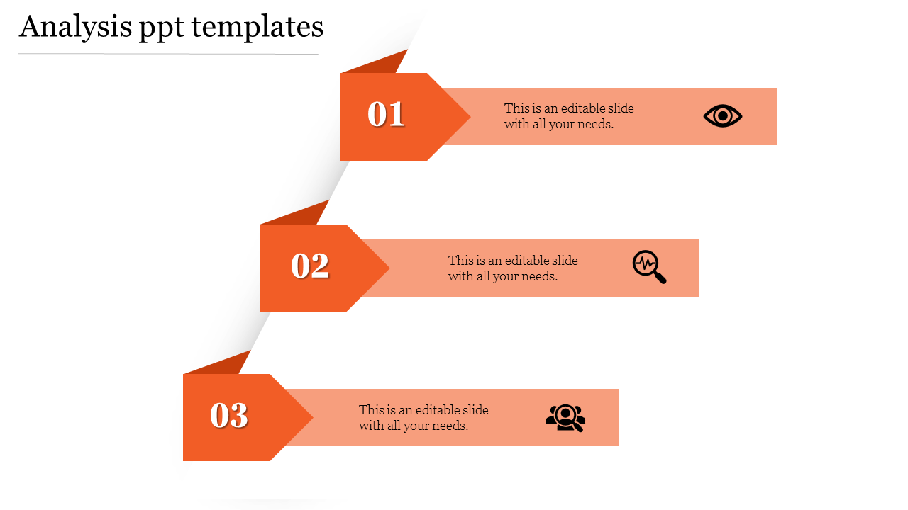 PowerPoint template with three steps for analysis, featuring eye, magnifying glass, user icons, and orange arrow design.