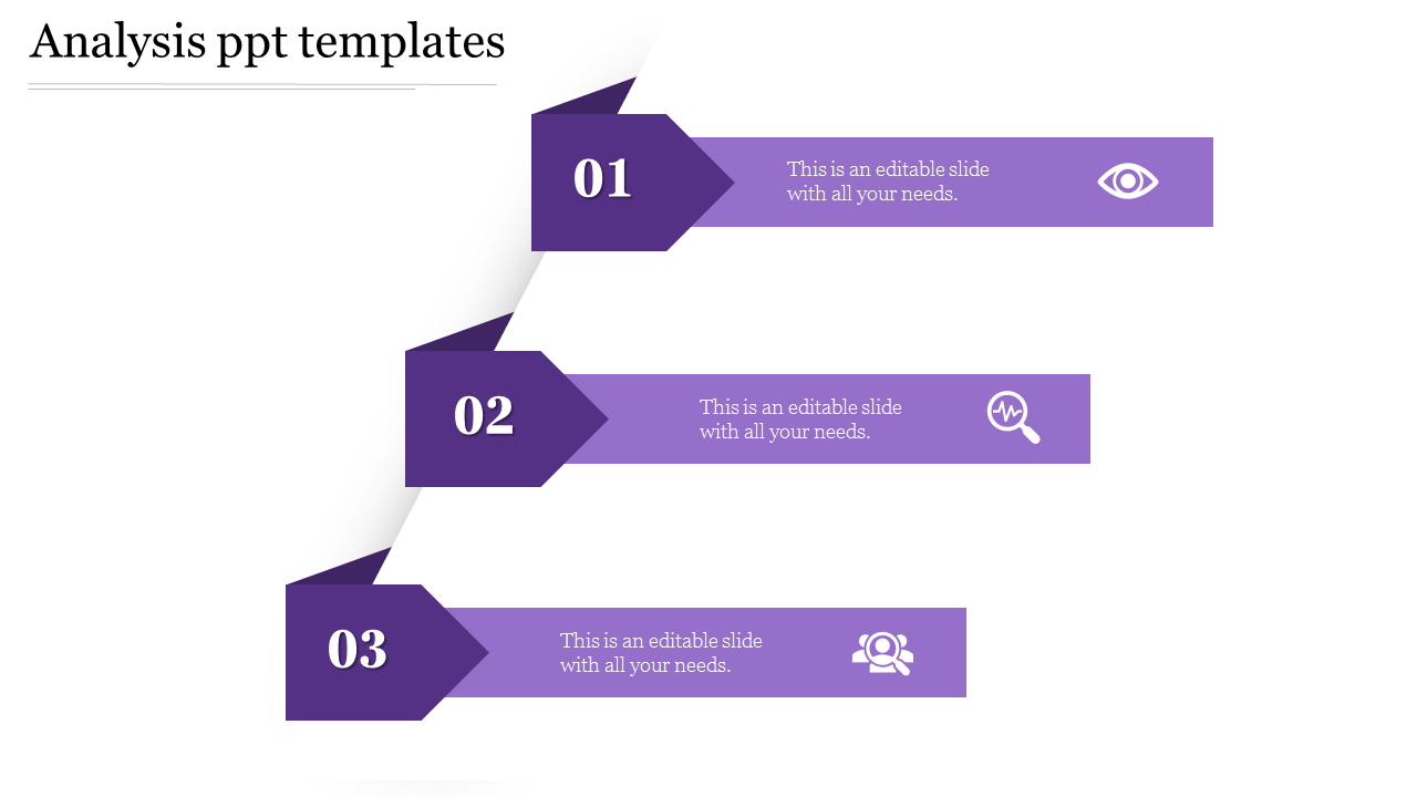 Purple themed three step analysis infographic with numbered arrows and icons for each stage.