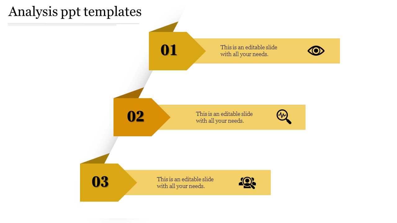 PowerPoint template with three steps for analysis, featuring eye, magnifying glass, user icons, and yellow arrow design.