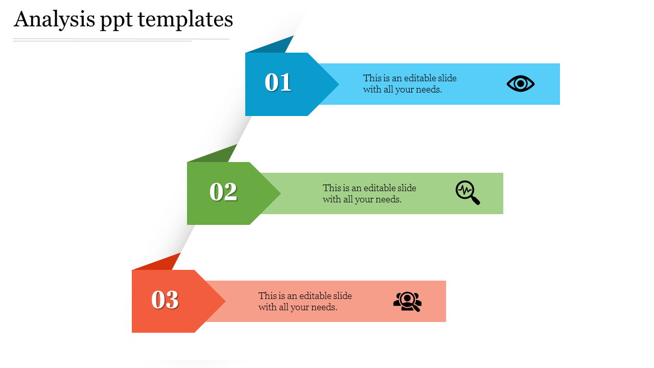 Modern infographic slide design showcasing three steps for analysis, each with a corresponding icon.