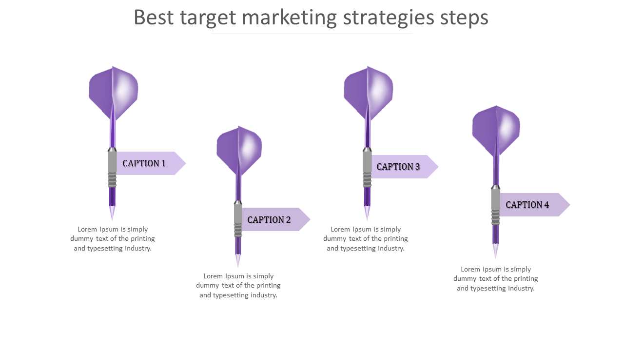 Target marketing strategies PPT slide steps with arrows and captions highlighting four purple stages.