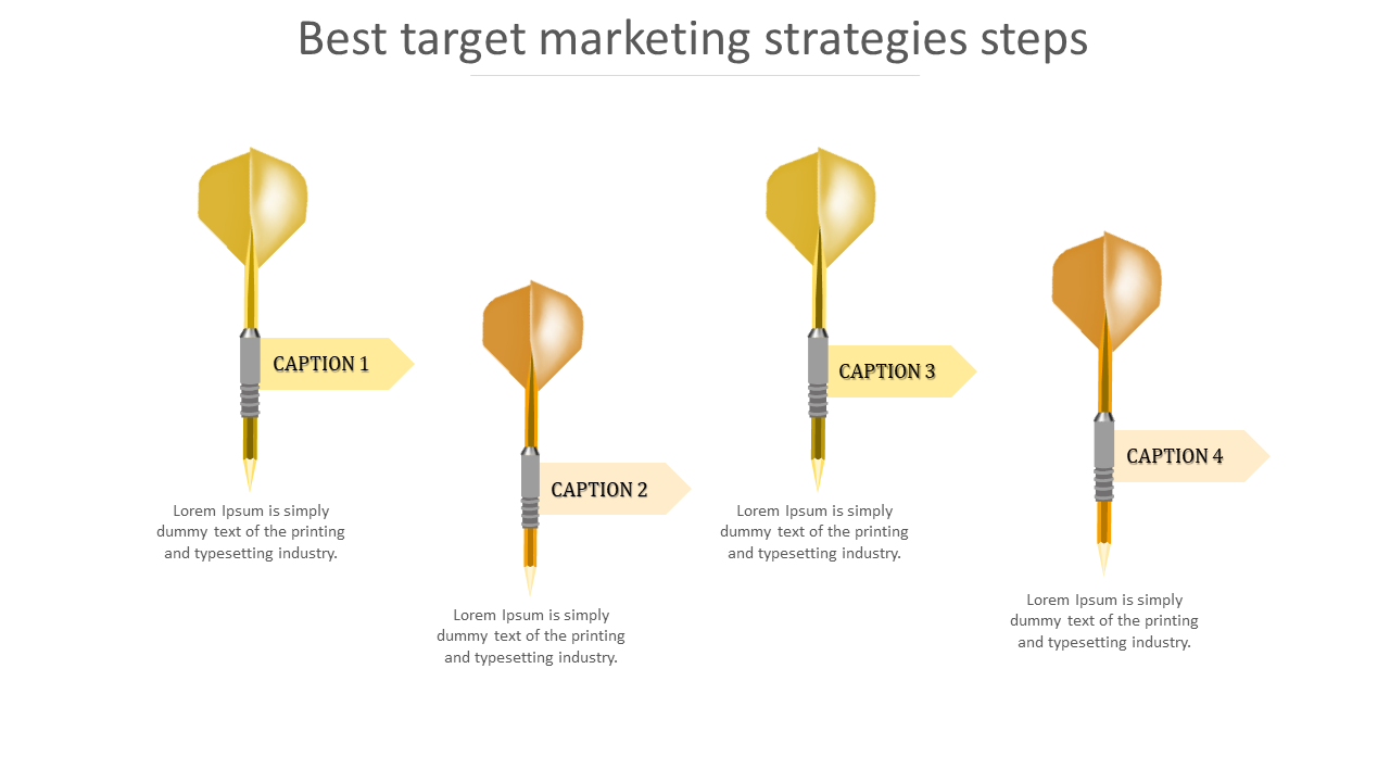 Four yellow darts pointing downward with labels, illustrating steps in a marketing strategy process.