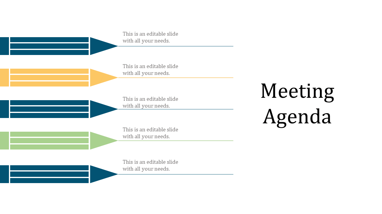 A meeting agenda PowerPoint template with colorful arrows for each section and placeholder text.