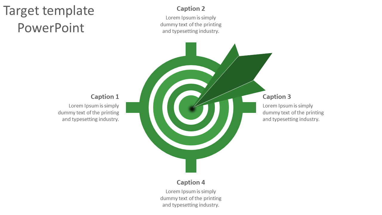 Green target with concentric circles and an arrow piercing the center, surrounded by four captions.