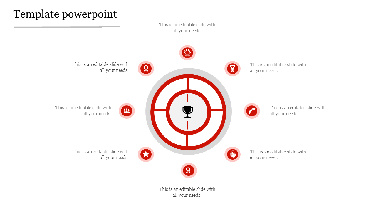 Circular target design with a central trophy and surrounding eight red icons connected by text fields.