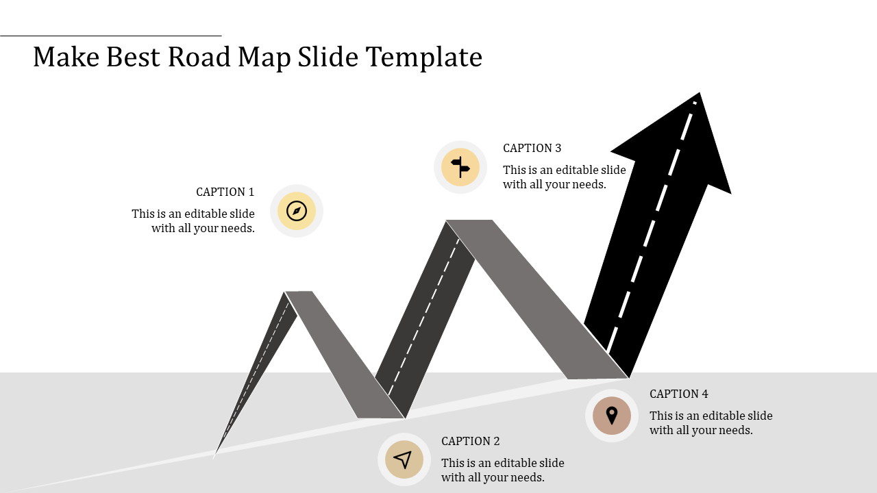 Road map slide with a zigzag design and directional icons, showing key points for each step in the process.