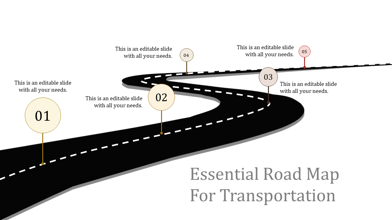 An illustrative road map slide featuring a winding road with five milestone markers numbered one through five.