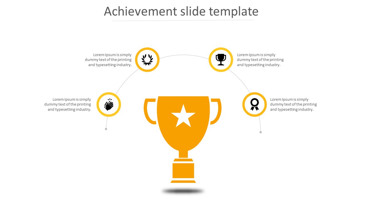 Achievement slide featuring a golden trophy at the center with four icons representing different accomplishments.