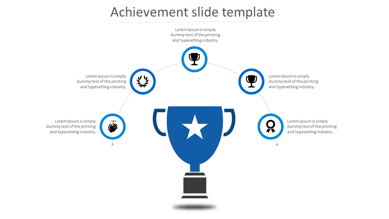 Achievement slide with a large blue trophy in the center, surrounded by five milestone icons in circles.