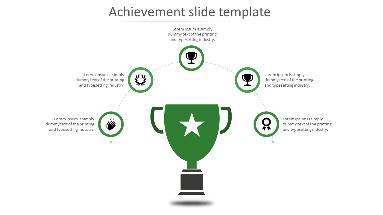 Achievement slide featuring a large green trophy with a star, surrounded by five circular icons connected in an arc.