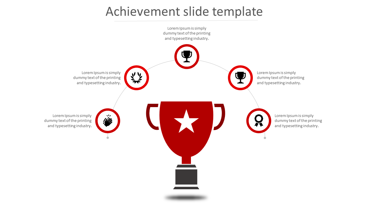 Achievement PPT slide showing a green trophy in the center with five red color icons with placeholder text.