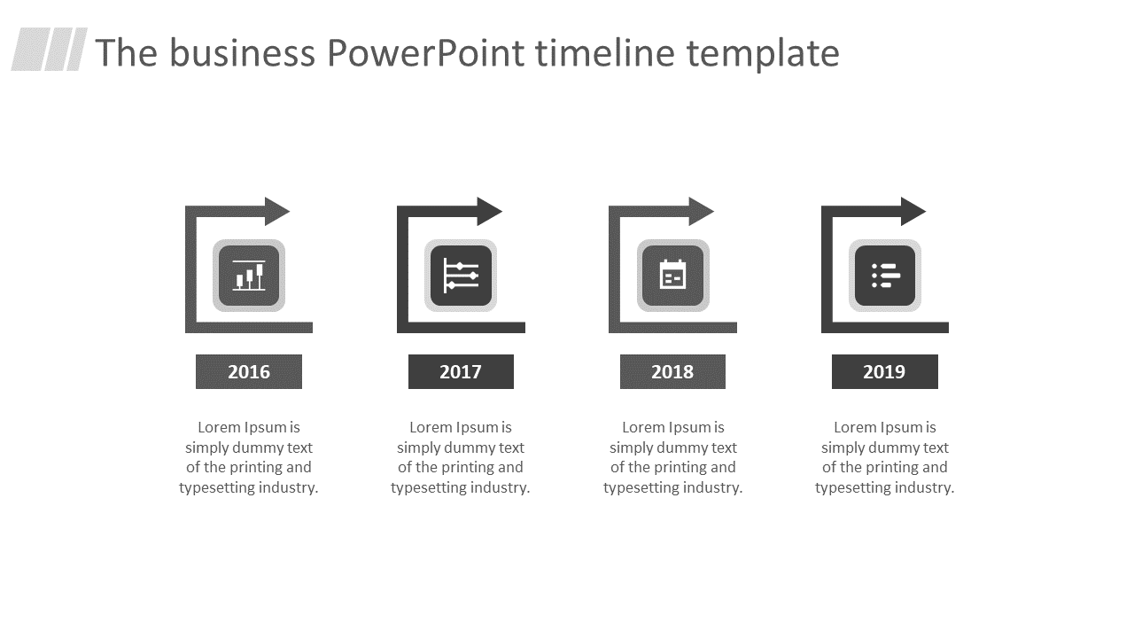 Business PowerPoint timeline template with years from 2016 to 2019, featuring icons and arrows indicating progress.