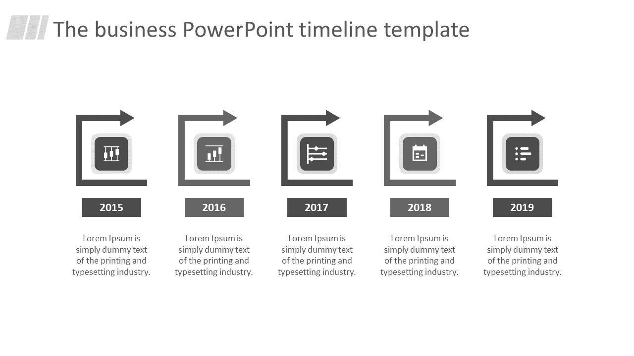 Timeline PPT template with arrows pointing from 2015 to 2019, each year marked with a grey icon and description.