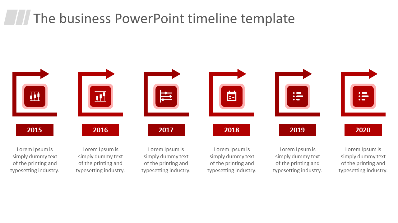 Red timeline infographic with six milestones from 2015 to 2020, each featuring icons, captions, and square arrows.