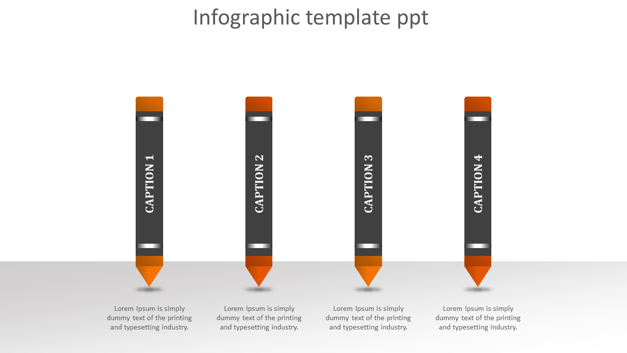 Row of four upright black pencils with orange erasers and tips, featuring vertical white captions on each.