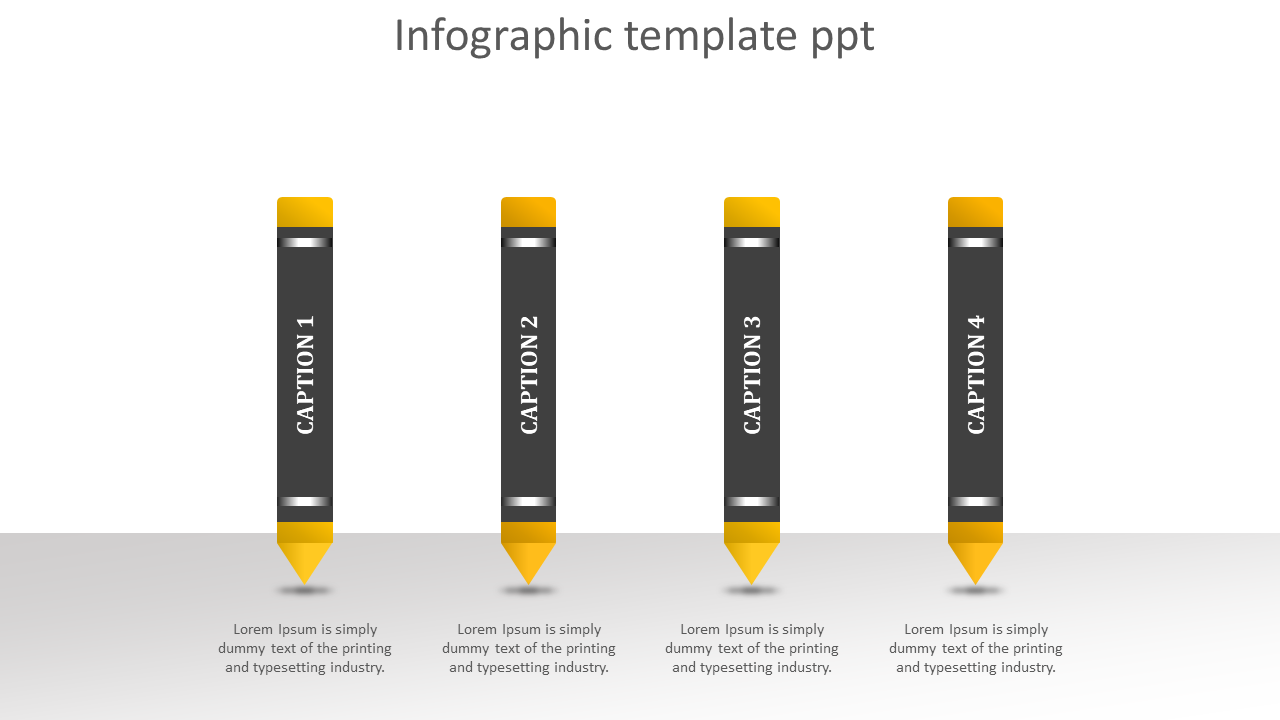 Four vertical black pencils with yellow tips and erasers, each labeled with captions, aligned on a gradient background.