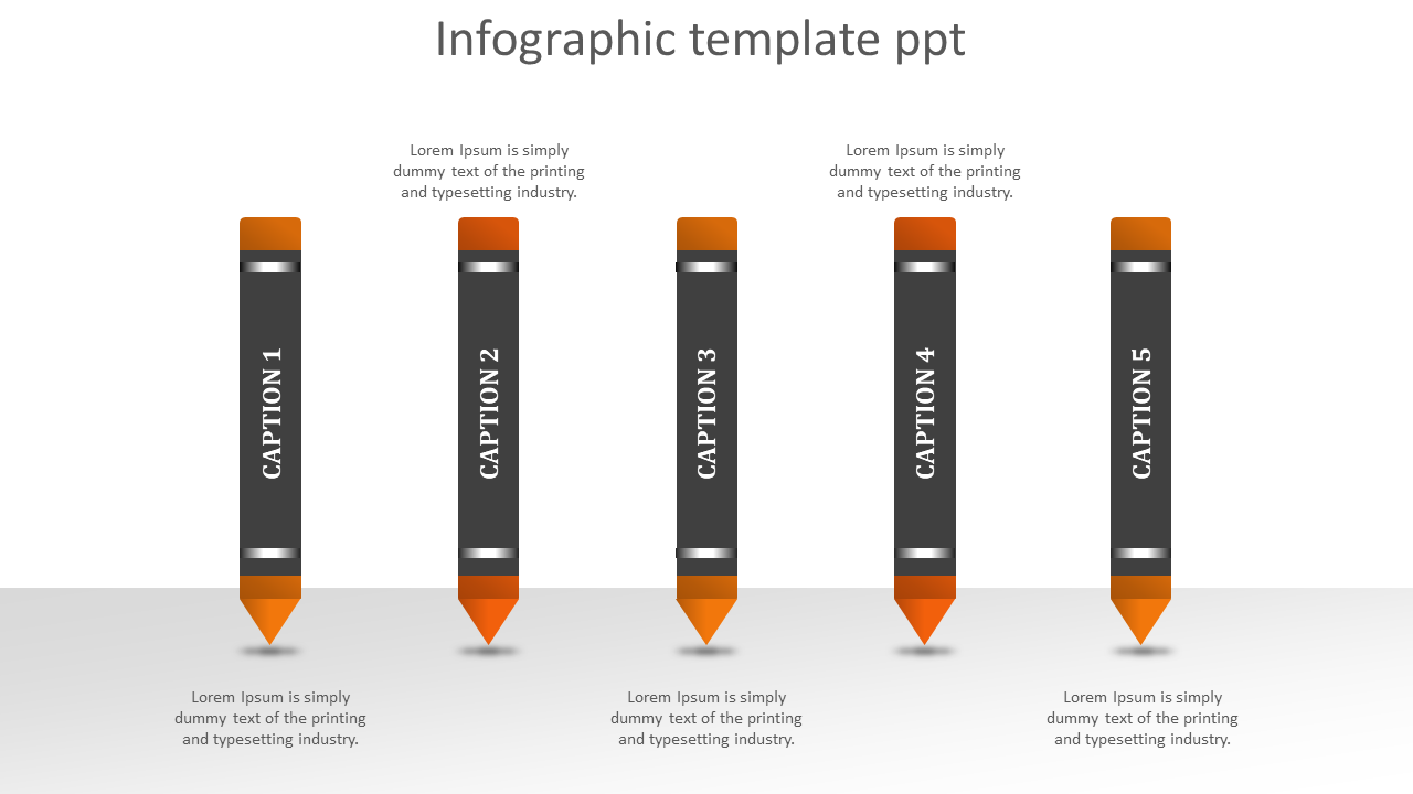 Infographic PowerPoint template with orange numbered pencils and captions for each stage.