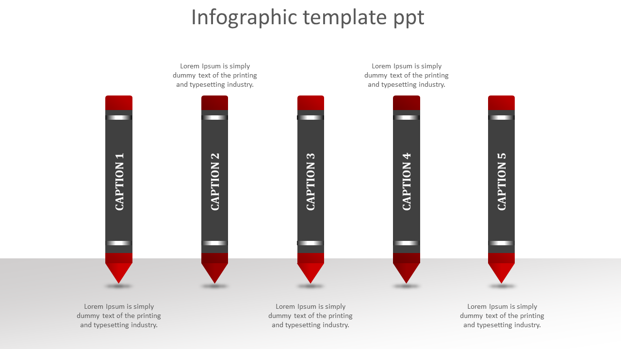 Infographic with five red tipped pencils, each labeled with vertical captions, on a neutral backdrop.