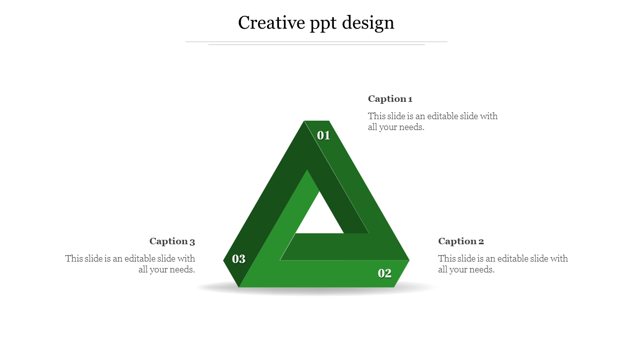 Creative PowerPoint slide featuring a green 3D triangle with numbered sections and captions with placeholder text.