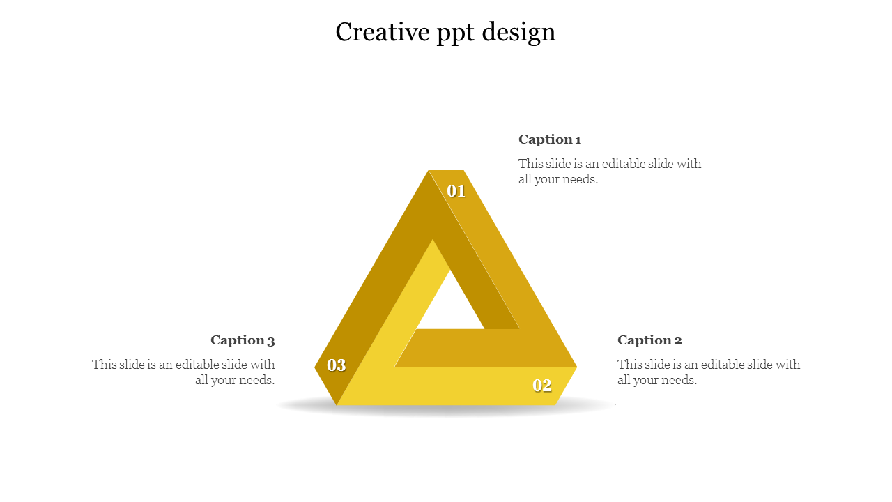 Creative PowerPoint slide featuring a yellow 3D triangle with numbered sections and captions with placeholder text.