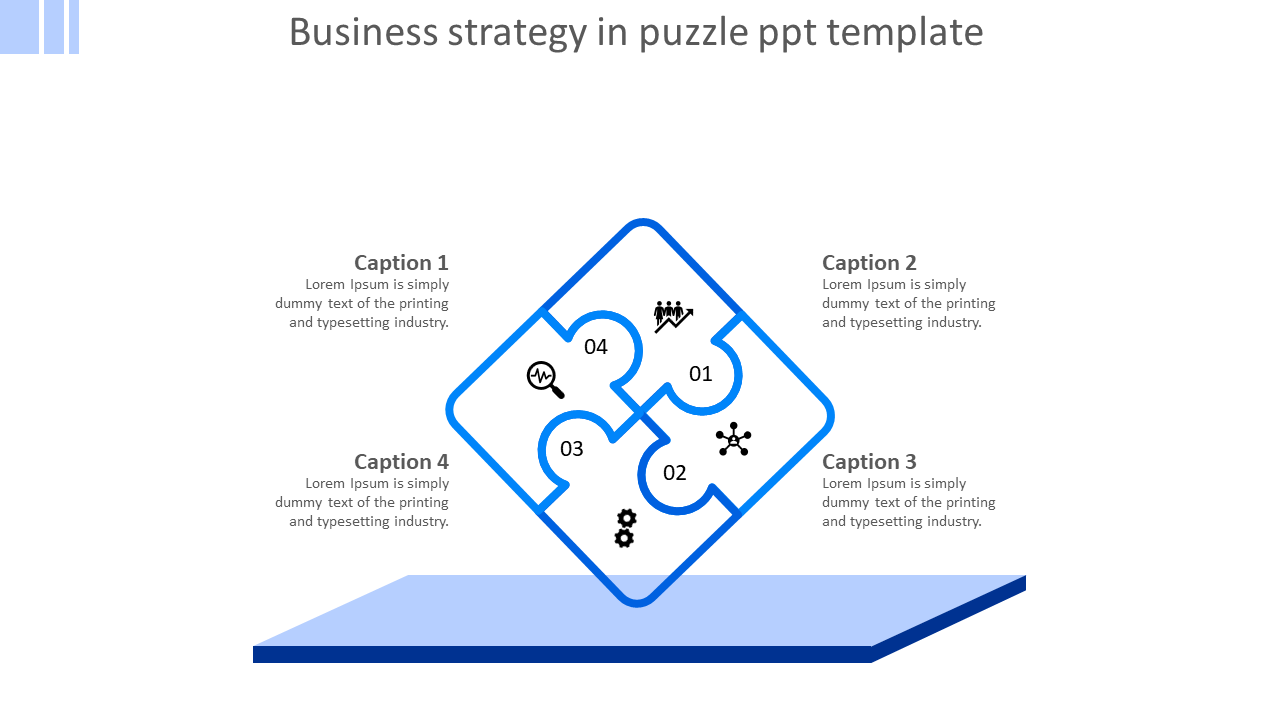 Business strategy themed PowerPoint slide with four puzzle pieces, each containing an icon with captions.