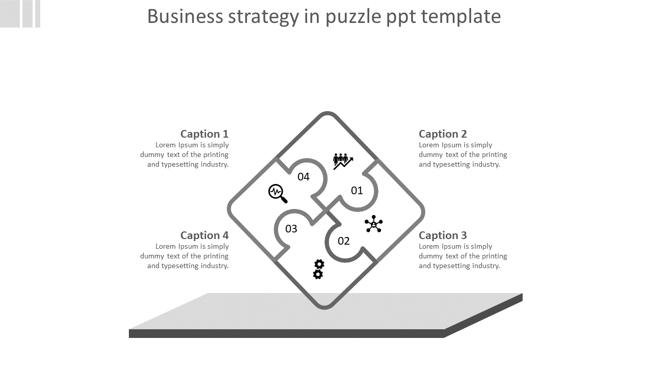 Puzzle diagram PowerPoint with numbered sections featuring business related icons such as people, growth, and analytics.