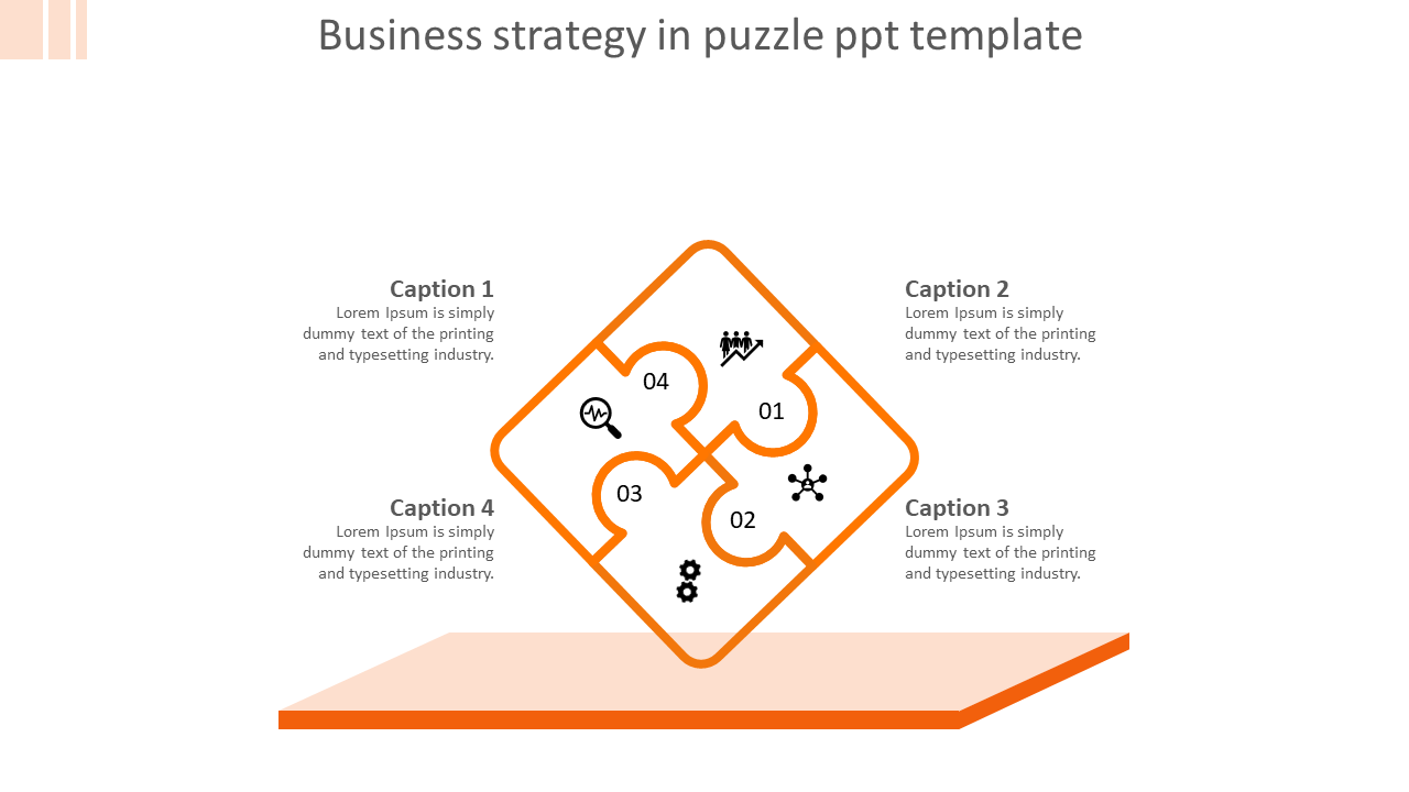 Slide featuring a four piece puzzle diagram in orange, symbolizing business strategy steps with icons.