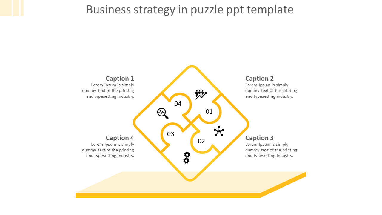 Yellow puzzle shaped business strategy infographic with four labeled sections, each linked to captions and icons.