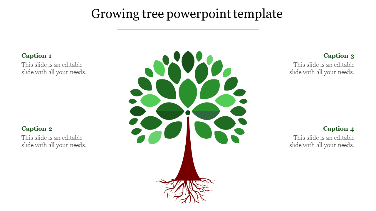 Tree shaped design in a PowerPoint template with green leaves and roots, representing growth with captions.